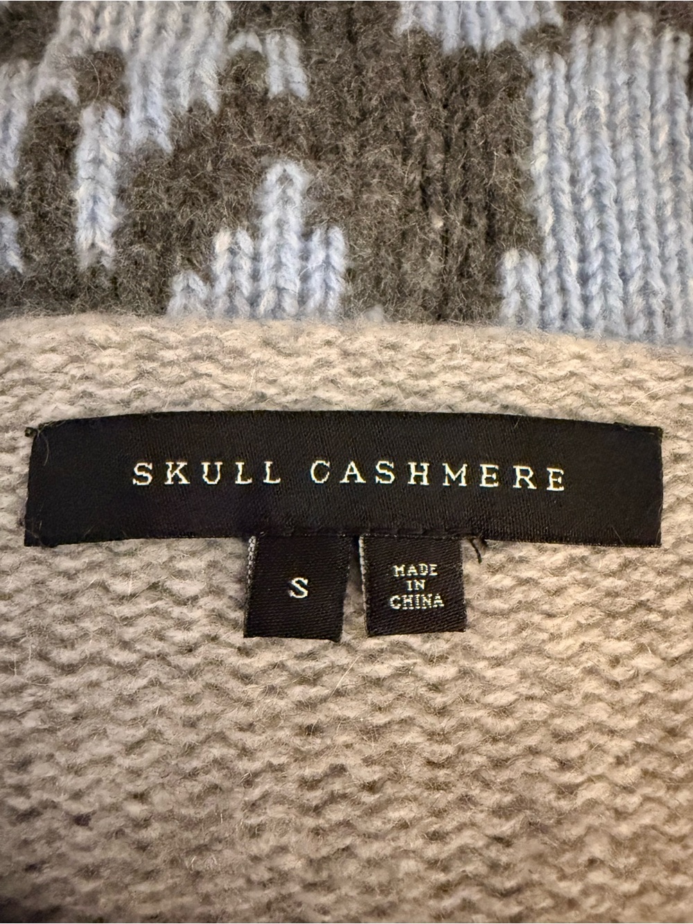Skull Cashmere Crewneck Sweater in Light Blue, Gray & Cream with Graphic - Picture 10 of 15